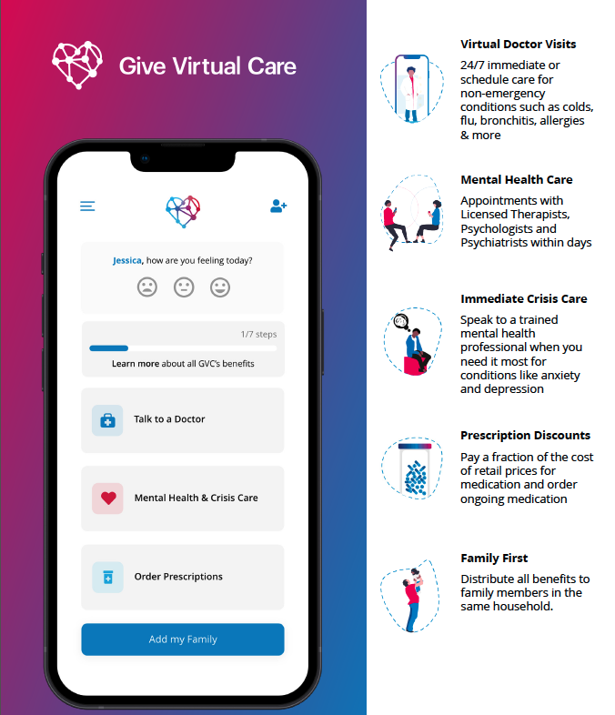GVC gives you 24/7 access to a non-insurance healthcare membership with best-in-class general medical doctors, mental health therapists, immediate crisis/mental health counselors, and discounted prescription care.